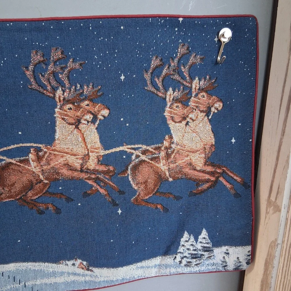 Vintage Christmas Woven Tapestry Wall Hanging Santa Sleigh Reindeer 32